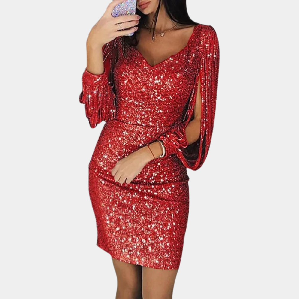 Robe De Soirée À Sequins Col En V Manches Drapées Élégante Pour Fêtes Festives Et Événements Formels Amawinc