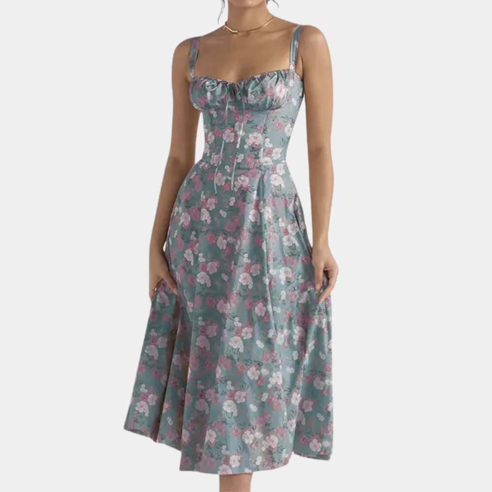 Robe D'Été Pour Femme Coupe A Ligne Midi Bretelles Spaghetti Décolleté Doux Imprimé Floral