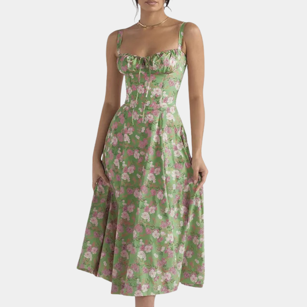 Robe D'Été Pour Femme Coupe A Ligne Midi Bretelles Spaghetti Décolleté Doux Imprimé Floral