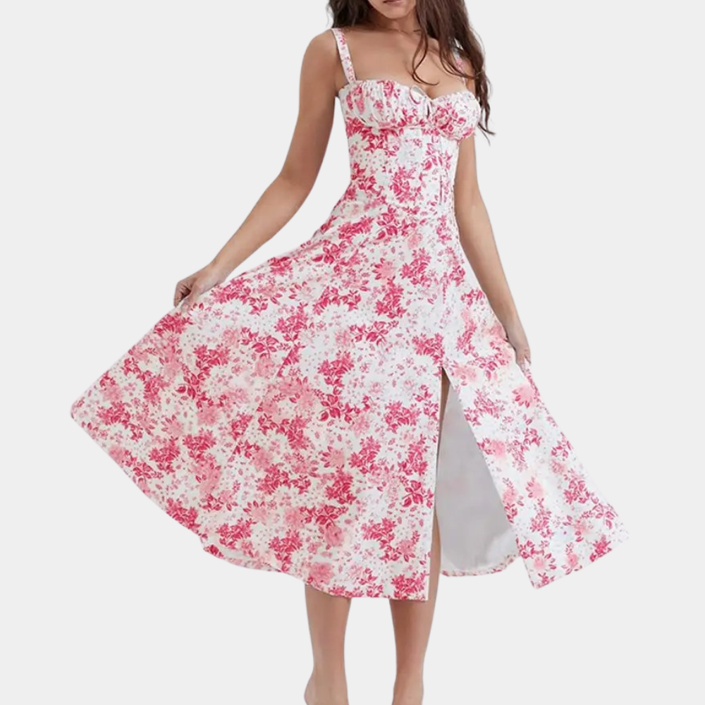 Robe D'Été Pour Femme Coupe A Ligne Midi Bretelles Spaghetti Décolleté Doux Imprimé Floral