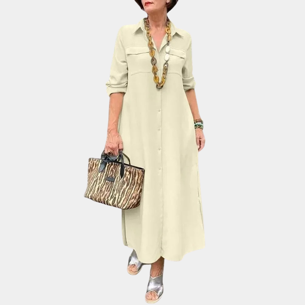 Robe Chemise Femme Maxi Manches Longues Fermeture Boutons Poches Poitrine Polyvalente Pour Bureau Et Loisirs