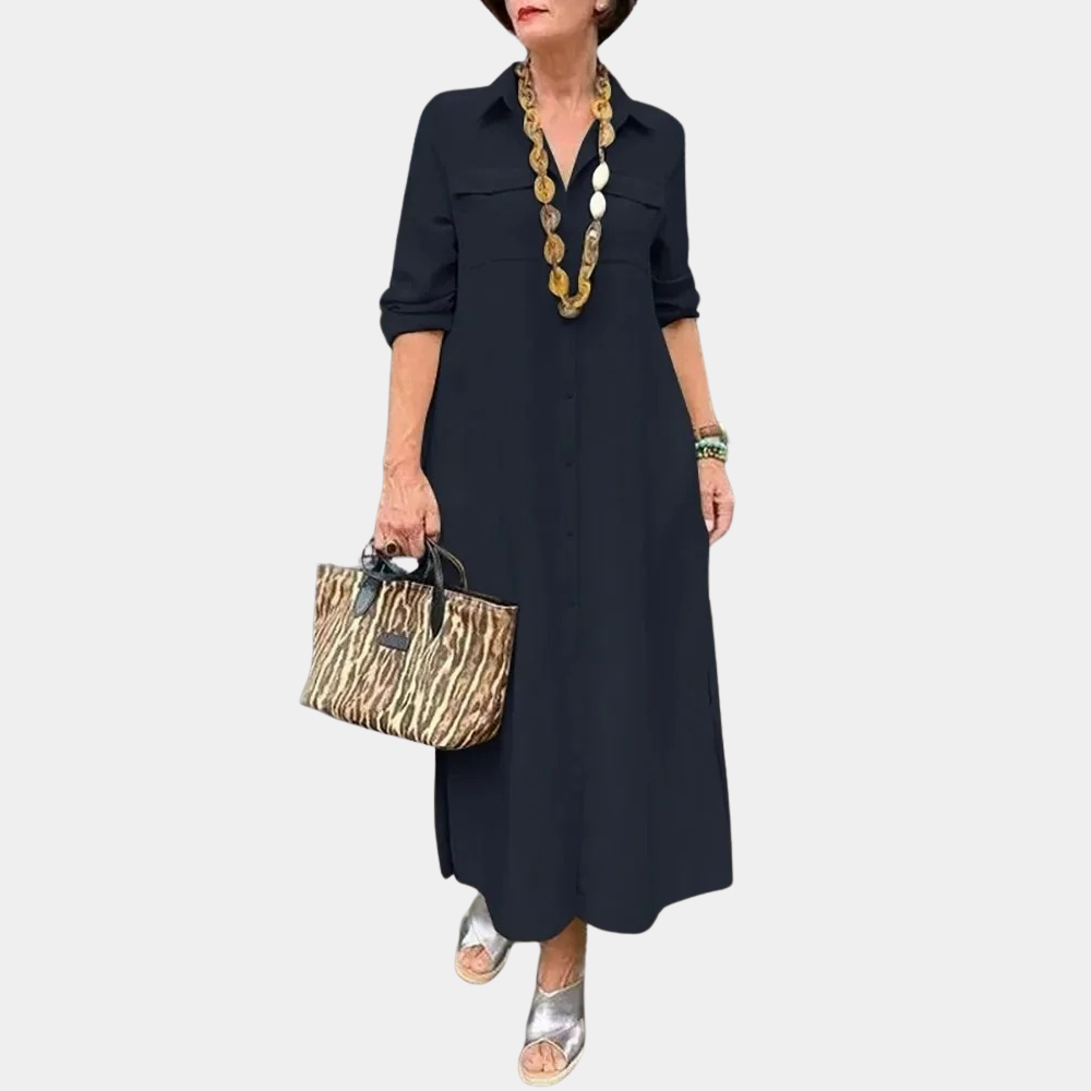 Robe Chemise Femme Maxi Manches Longues Fermeture Boutons Poches Poitrine Polyvalente Pour Bureau Et Loisirs