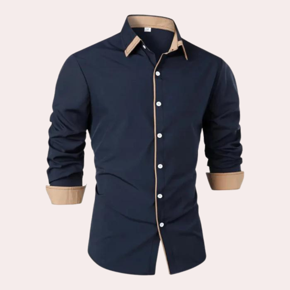 Chemise Homme Slim Fit Noire Avec Col Et Poignets Contrastants Couleur Tan Manches Longues Design Classique