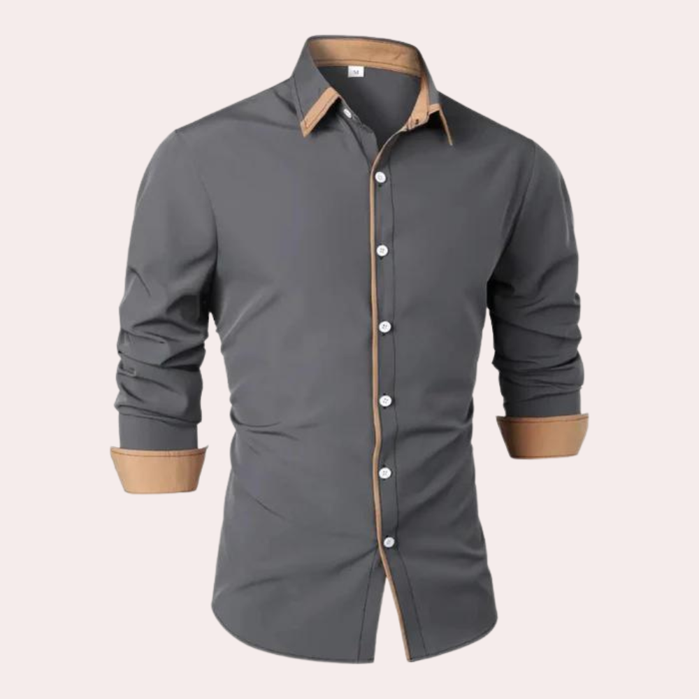 Chemise Homme Slim Fit Noire Avec Col Et Poignets Contrastants Couleur Tan Manches Longues Design Classique