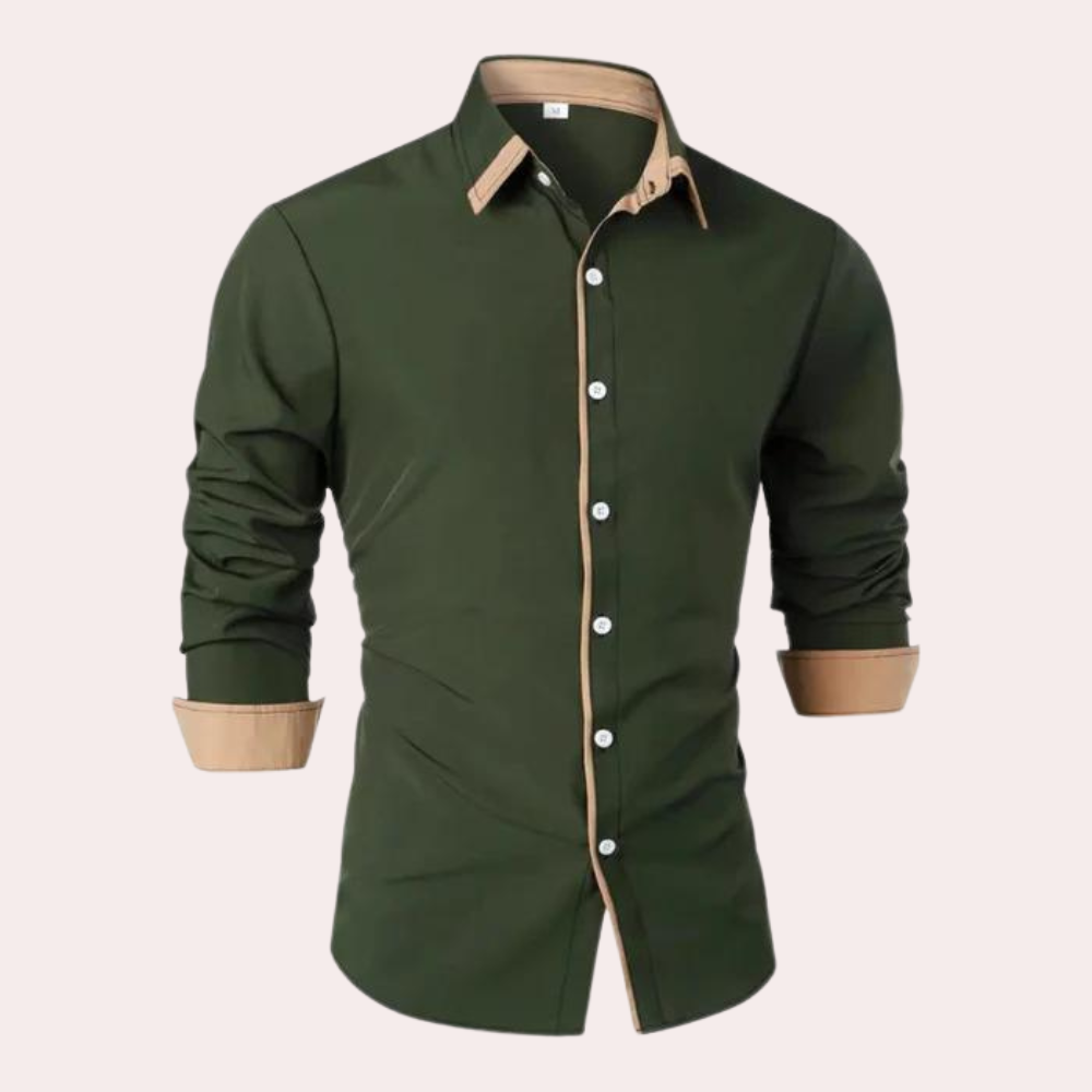Chemise Homme Slim Fit Noire Avec Col Et Poignets Contrastants Couleur Tan Manches Longues Design Classique