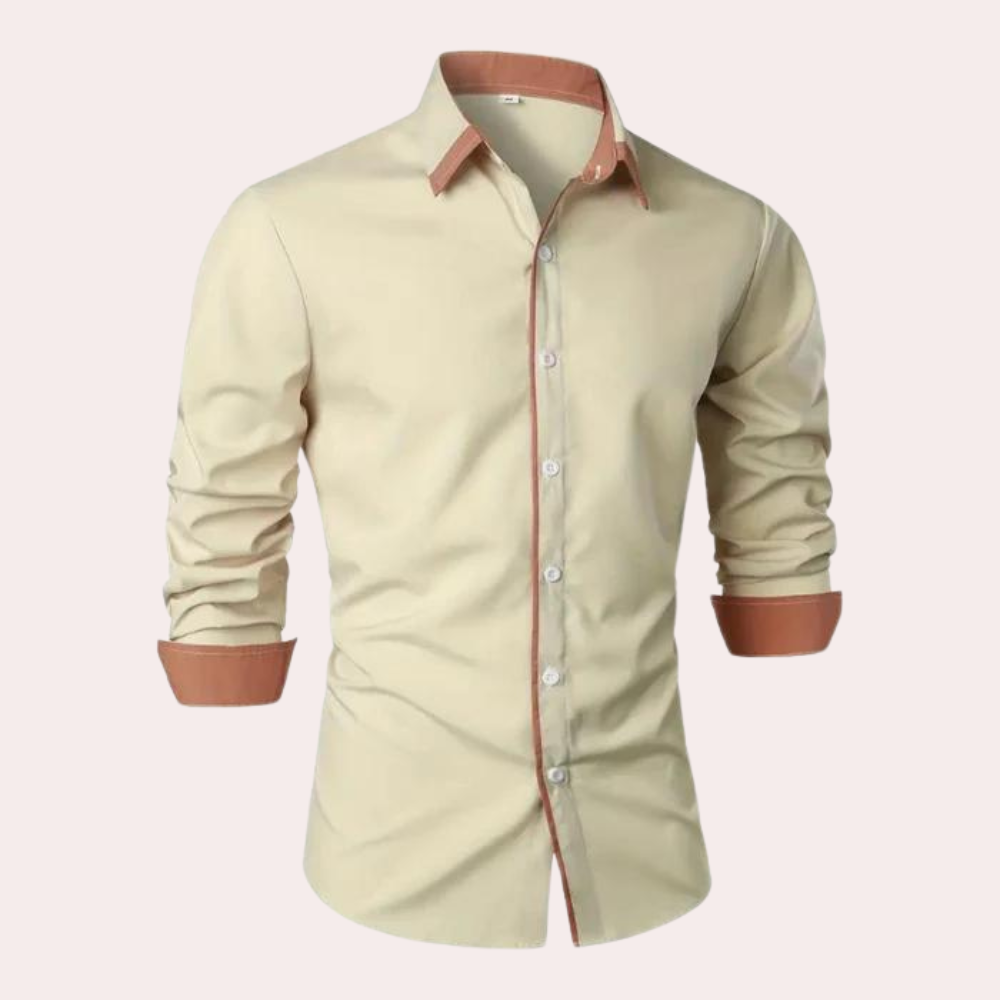 Chemise Homme Slim Fit Noire Avec Col Et Poignets Contrastants Couleur Tan Manches Longues Design Classique