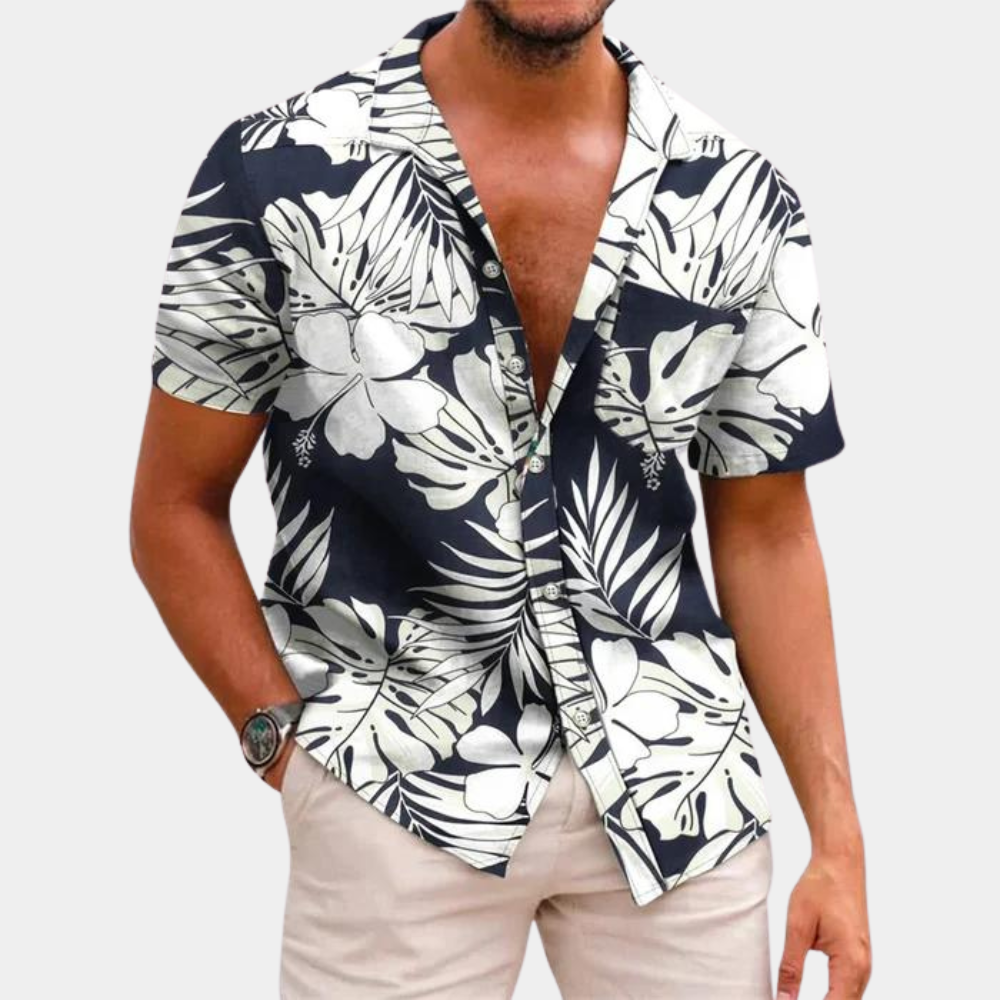 Chemise Homme À Manches Courtes Motif Feuilles Tropicales Décontractée Boutonnée Pour Été Vacances