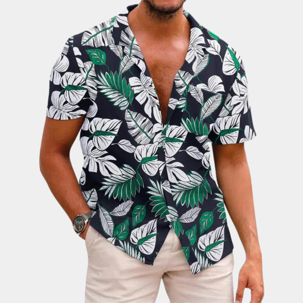 Chemise Homme À Manches Courtes Motif Feuilles Tropicales Décontractée Boutonnée Pour Été Vacances