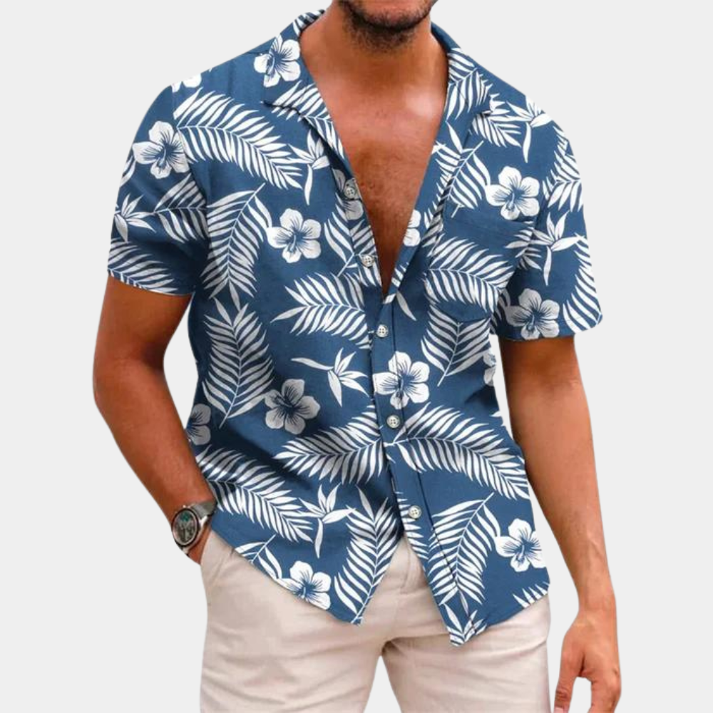 Chemise Homme À Manches Courtes Motif Feuilles Tropicales Décontractée Boutonnée Pour Été Vacances