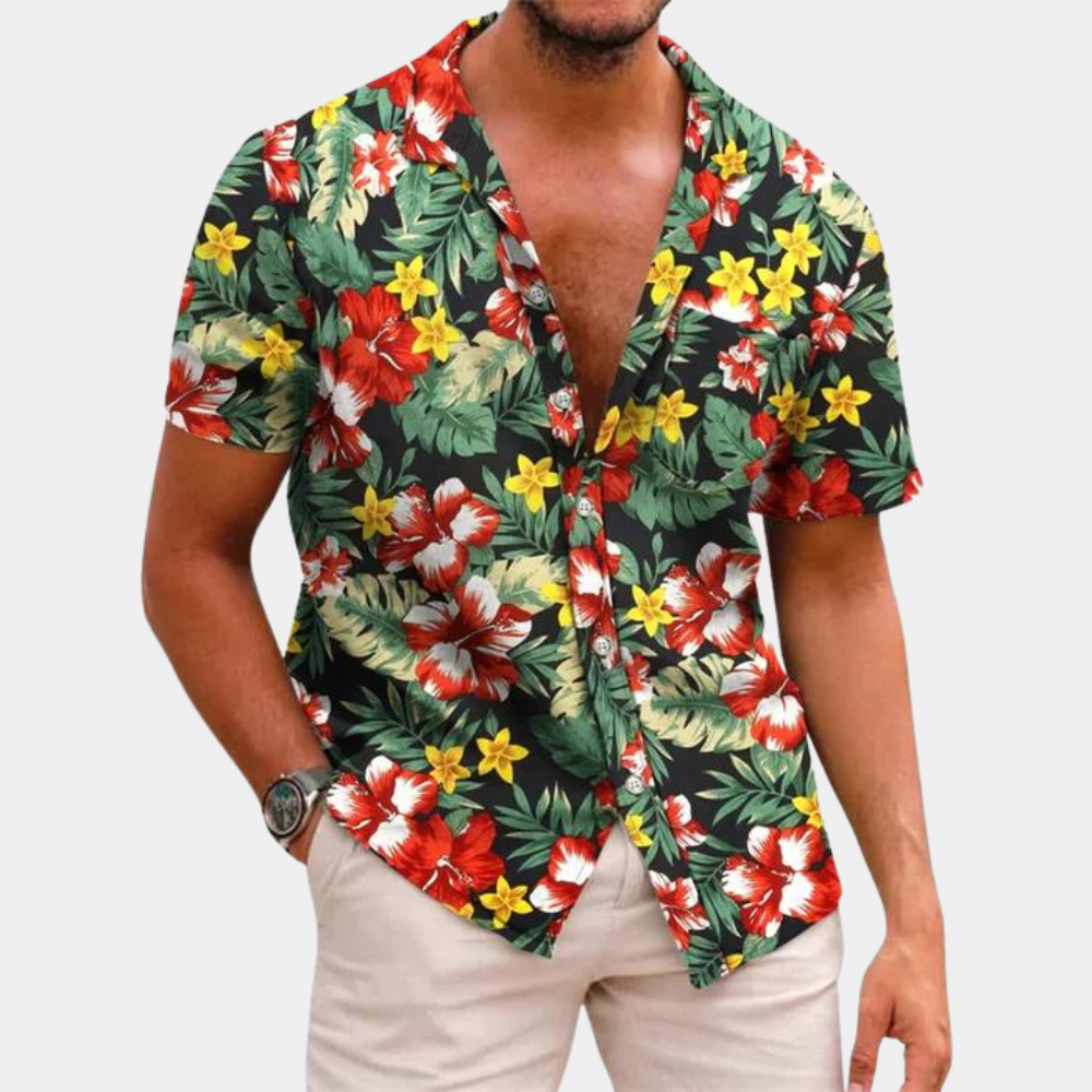 Chemise Homme À Manches Courtes Motif Feuilles Tropicales Décontractée Boutonnée Pour Été Vacances