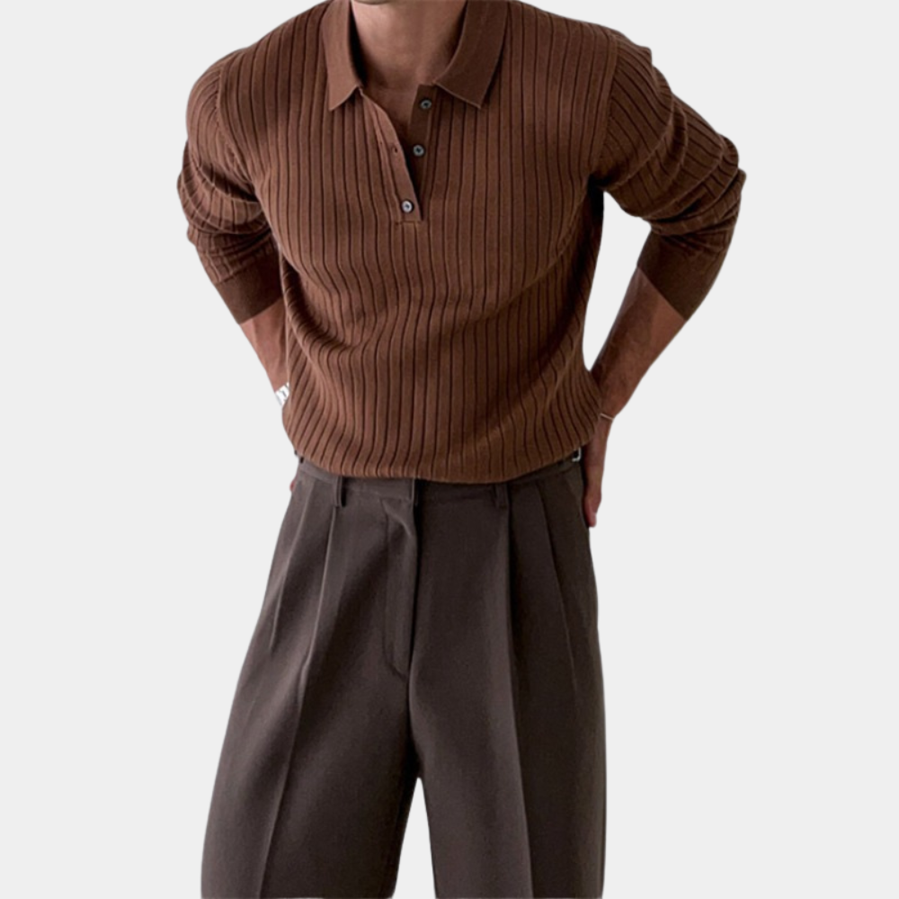 Amawinc Pull Polo En Maille Côtelee Coupe Slim Fit Homme Manches Longues Col Classique