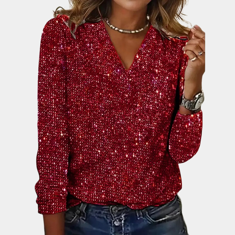 Blouse Femme À Col En V À Paillettes Manches Longues Élégante Pour Soirée Festive Et Chic