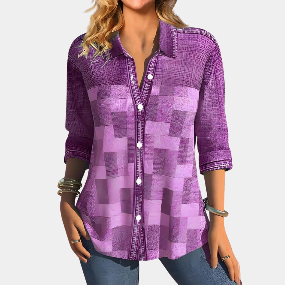 Chemise Femme Décontractée À Manches Longues Bouton-pression Patchwork À Carreaux Élégante Quotidienne