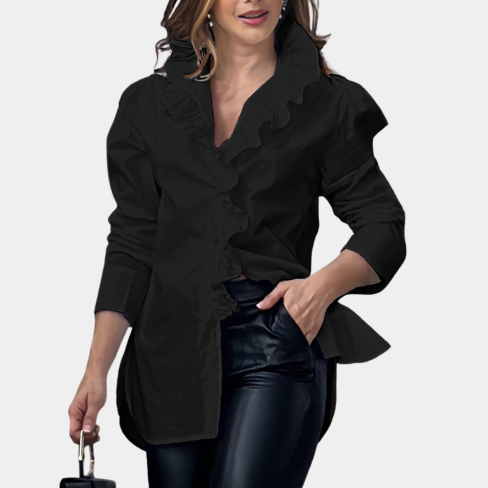 Blouse Femme Col Volant Et Devant Détails Manches Longues Coupe Ajustée Élégante