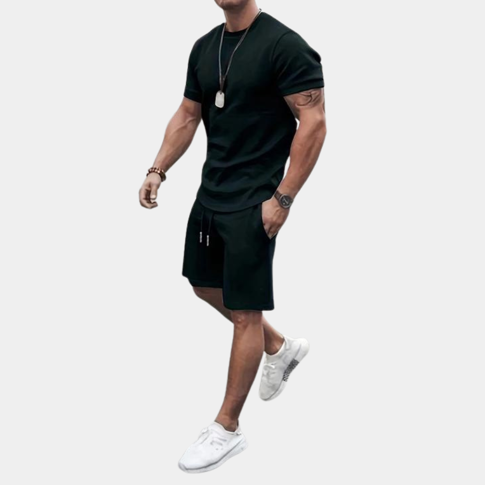 Ensemble Homme Coupe Slim Deux Pièces T Shirt Manches Courtes Et Short Respirant Pour Été Décontracté Amawinc