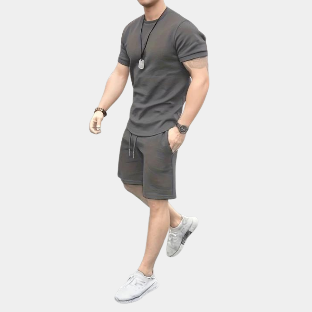 Ensemble Homme Coupe Slim Deux Pièces T Shirt Manches Courtes Et Short Respirant Pour Été Décontracté Amawinc