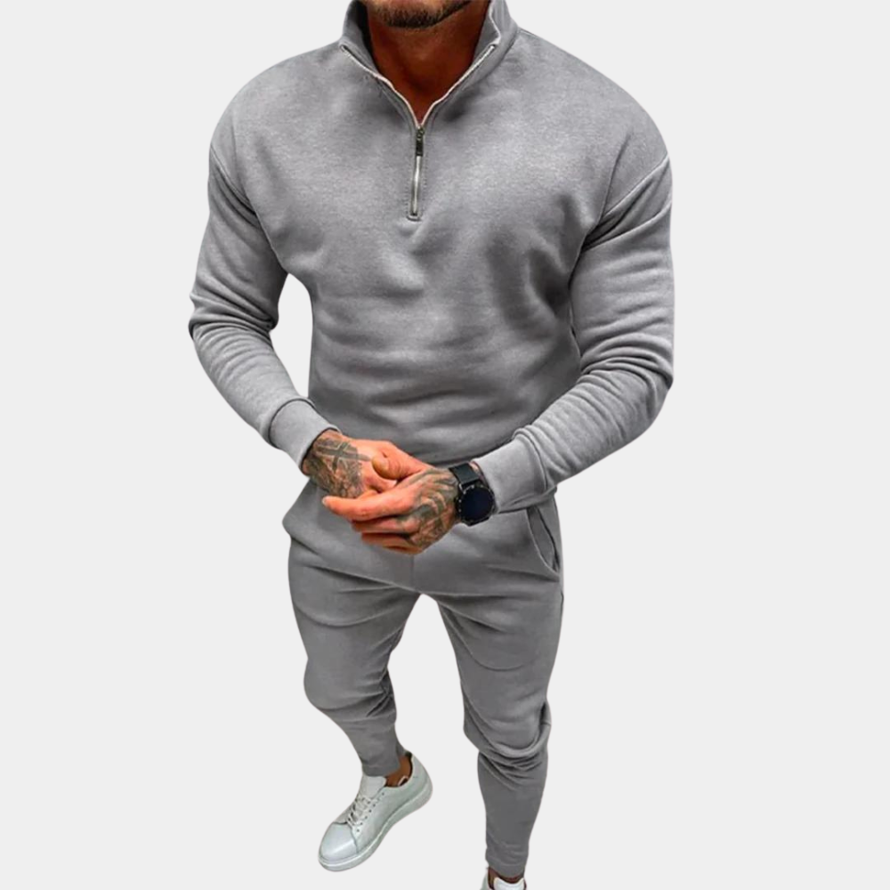 Survêtement Homme En Coton Mélangé Doux Avec Haut Zip Demi Et Pantalon Élastique Deux Pièces Pour Entraînement Loisirs