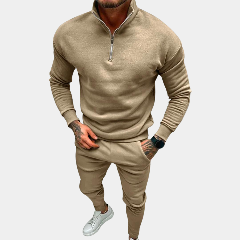 Survêtement Homme En Coton Mélangé Doux Avec Haut Zip Demi Et Pantalon Élastique Deux Pièces Pour Entraînement Loisirs