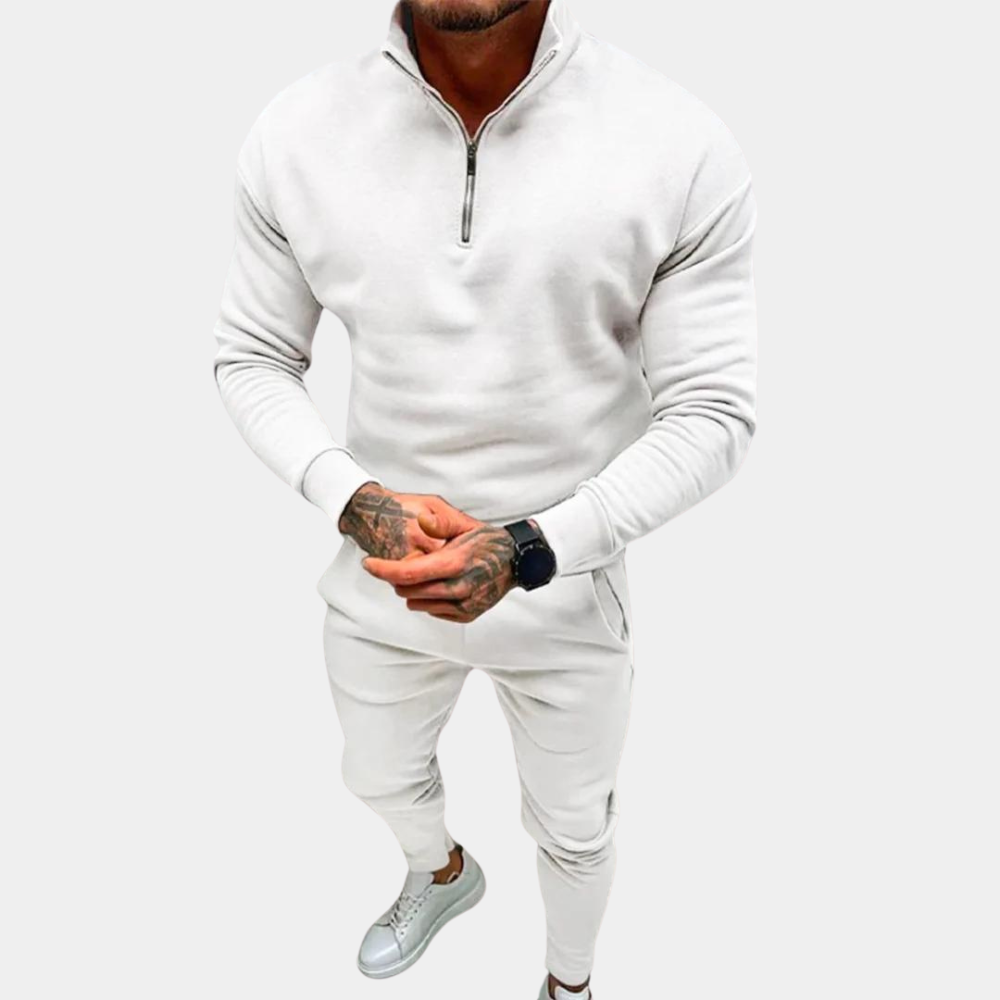 Survêtement Homme En Coton Mélangé Doux Avec Haut Zip Demi Et Pantalon Élastique Deux Pièces Pour Entraînement Loisirs