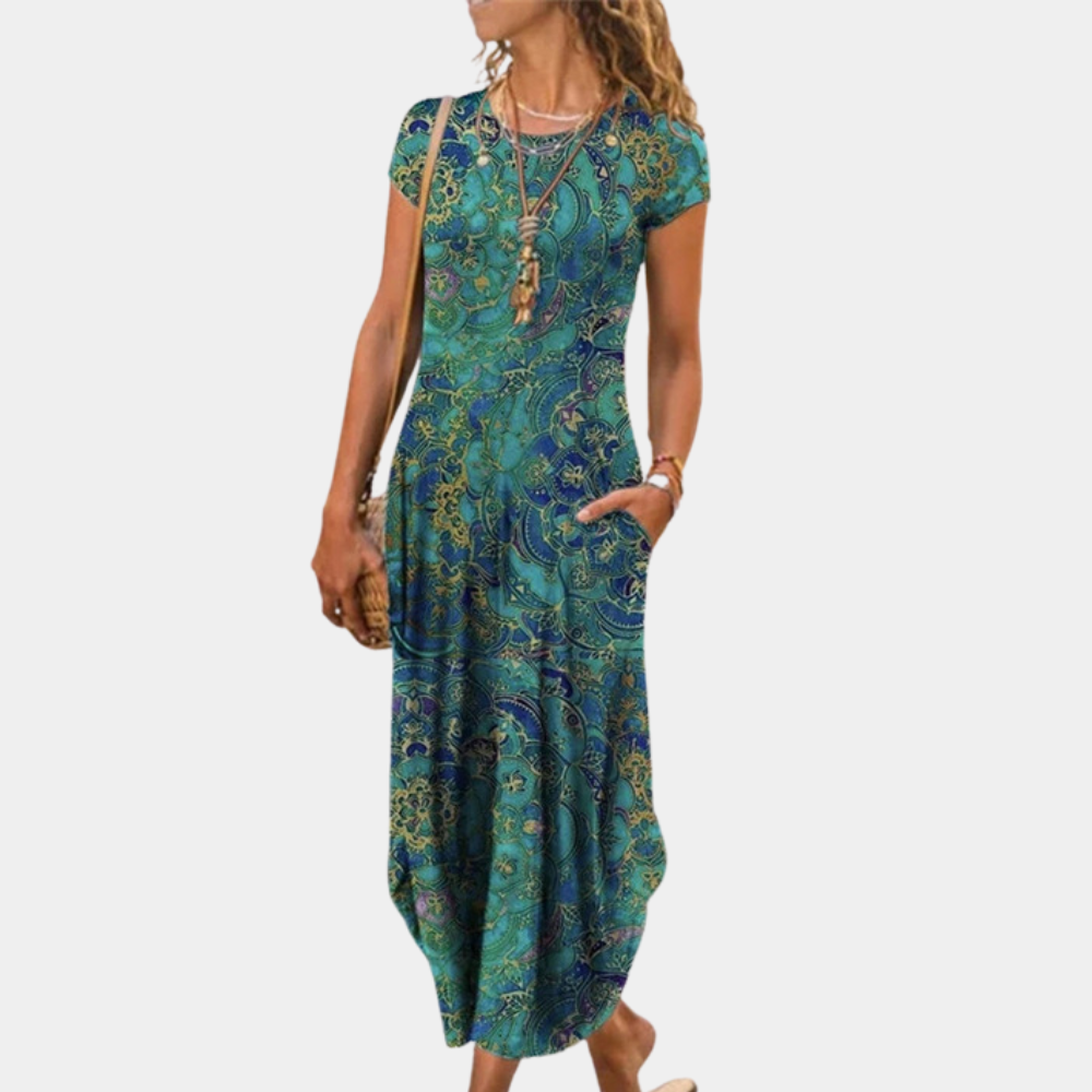 Robe Maxi Femme Coupe Décontractée Légère et Respirante Motif Géométrique Manches Courtes Amawinc