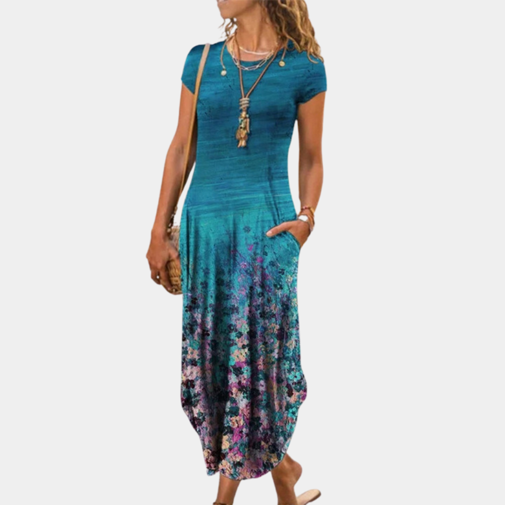 Robe Maxi Femme Coupe Décontractée Légère et Respirante Motif Géométrique Manches Courtes Amawinc