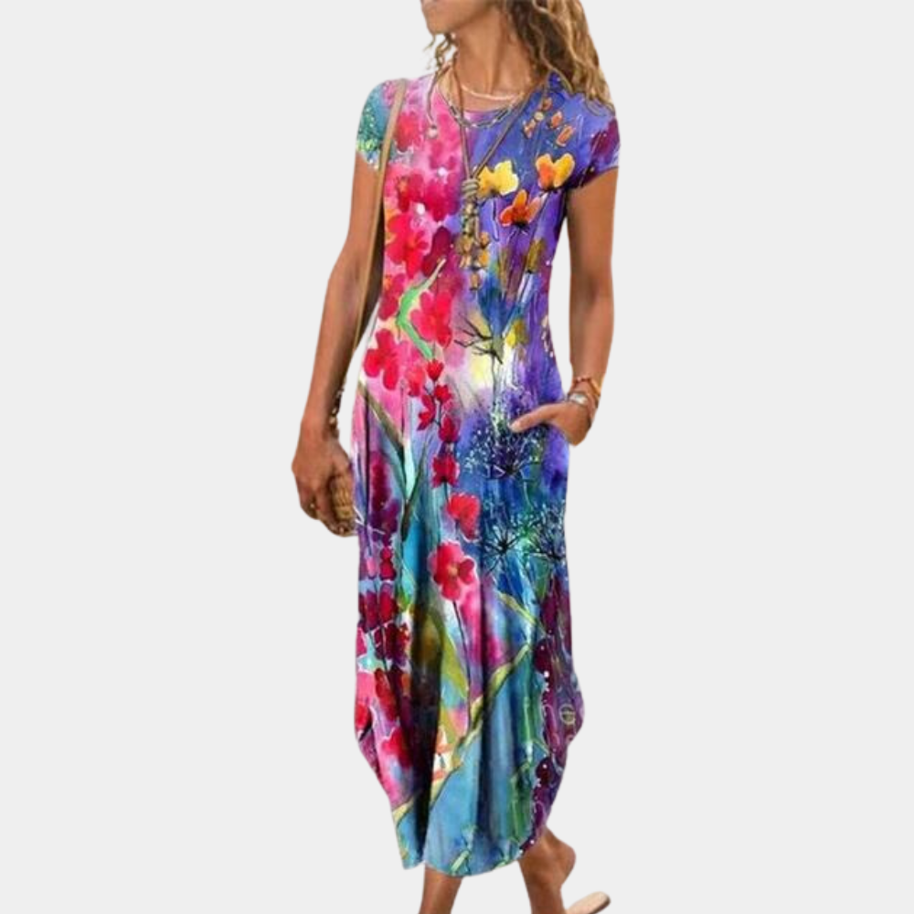 Robe Maxi Femme Coupe Décontractée Légère et Respirante Motif Géométrique Manches Courtes Amawinc