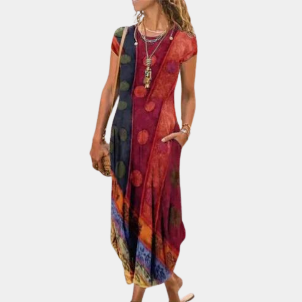 Robe Maxi Femme Coupe Décontractée Légère et Respirante Motif Géométrique Manches Courtes Amawinc