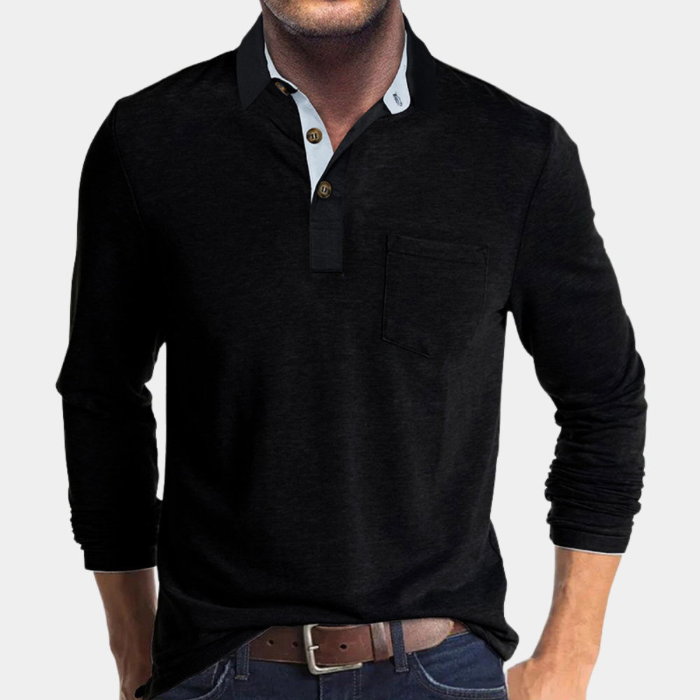 Polo Homme Manches Longues Amawinc En Coton Décontracté Léger Avec Poche Et Patte De Boutonnage