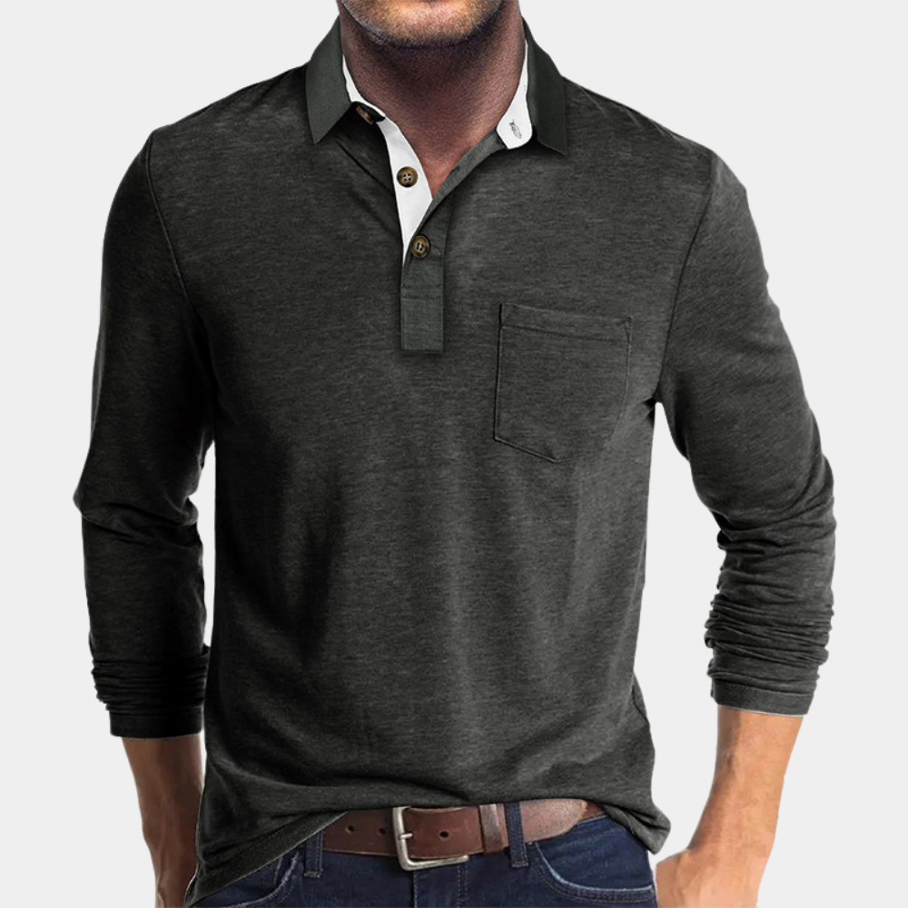 Polo Homme Manches Longues Amawinc En Coton Décontracté Léger Avec Poche Et Patte De Boutonnage