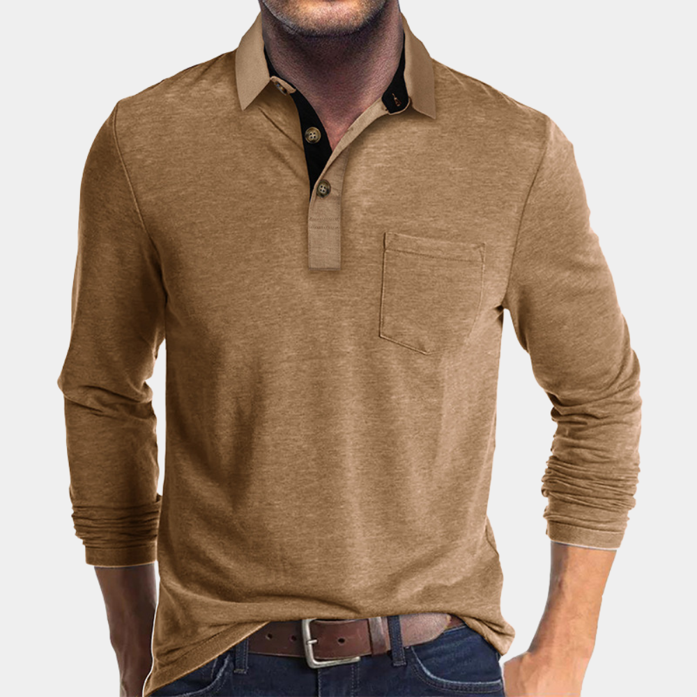 Polo Homme Manches Longues Amawinc En Coton Décontracté Léger Avec Poche Et Patte De Boutonnage