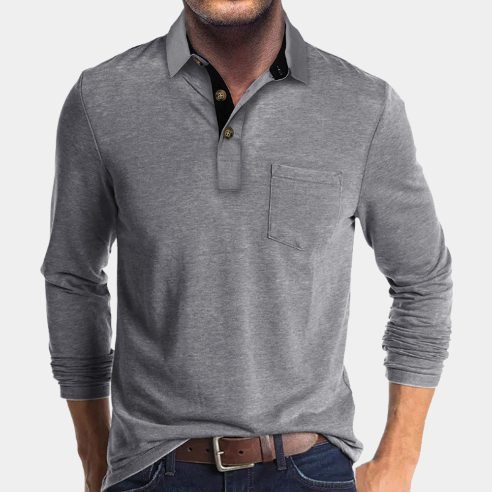 Polo Homme Manches Longues Amawinc En Coton Décontracté Léger Avec Poche Et Patte De Boutonnage