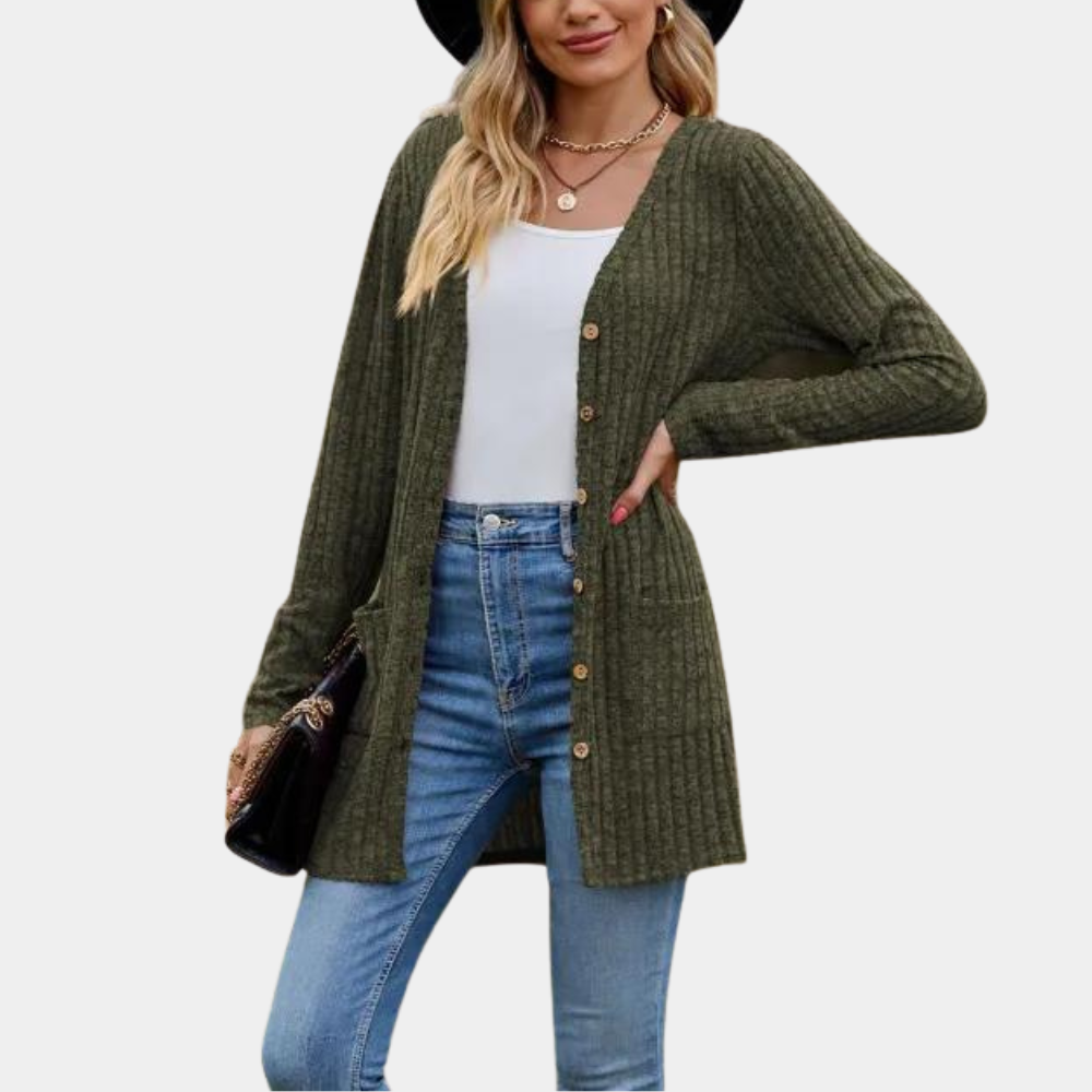 Cardigan Femme Longue Maille Côtée Avec Bouton Poches Frontales Doux Confortable