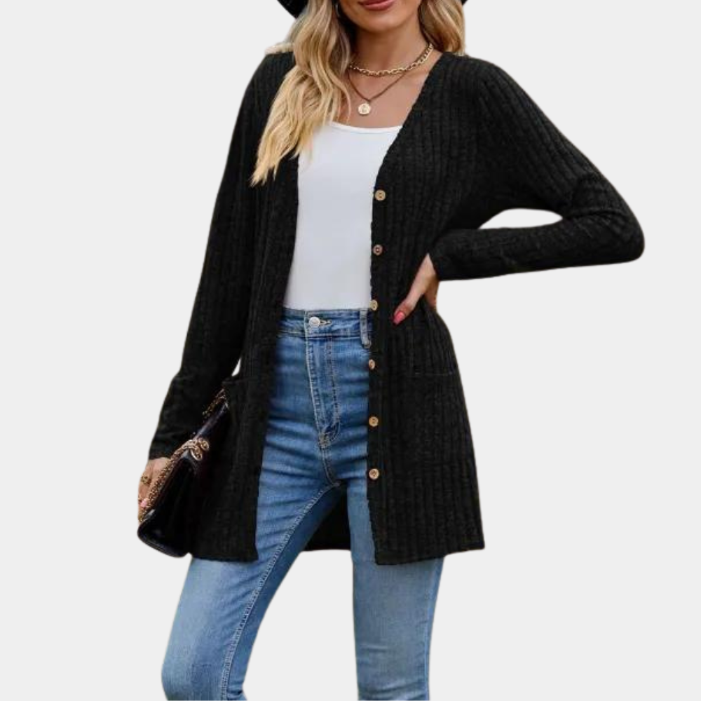 Cardigan Femme Longue Maille Côtée Avec Bouton Poches Frontales Doux Confortable
