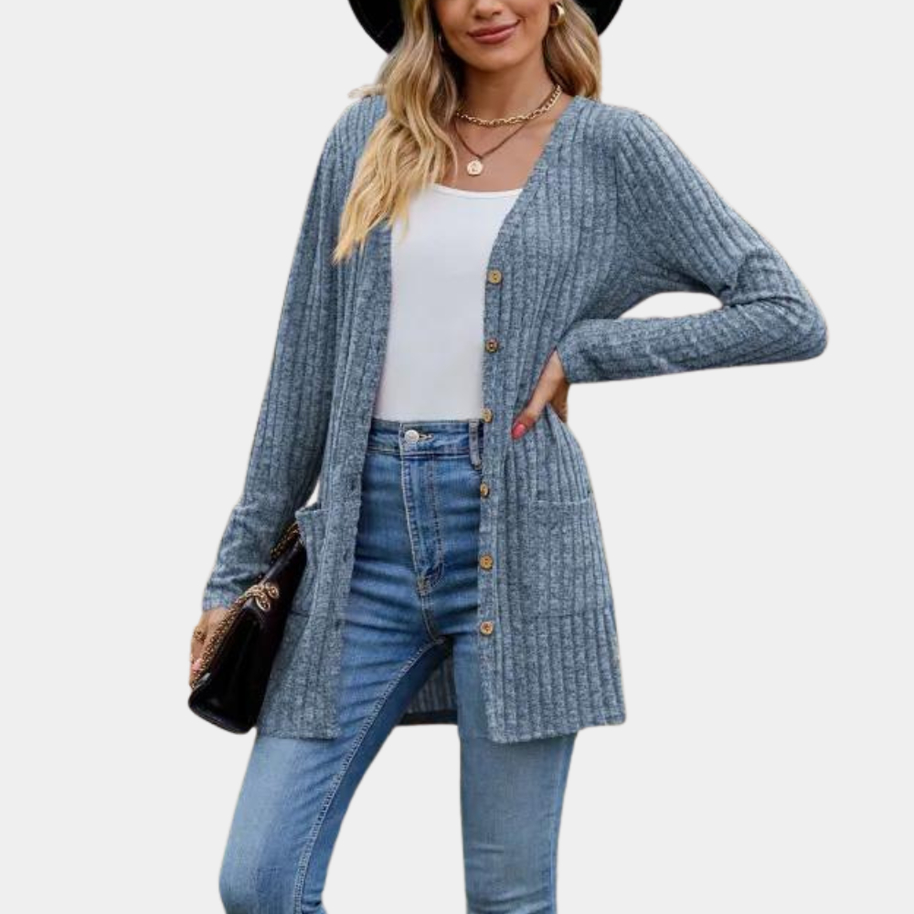 Cardigan Femme Longue Maille Côtée Avec Bouton Poches Frontales Doux Confortable