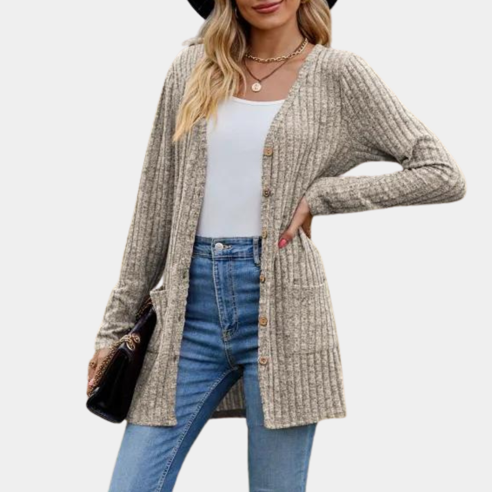 Cardigan Femme Longue Maille Côtée Avec Bouton Poches Frontales Doux Confortable