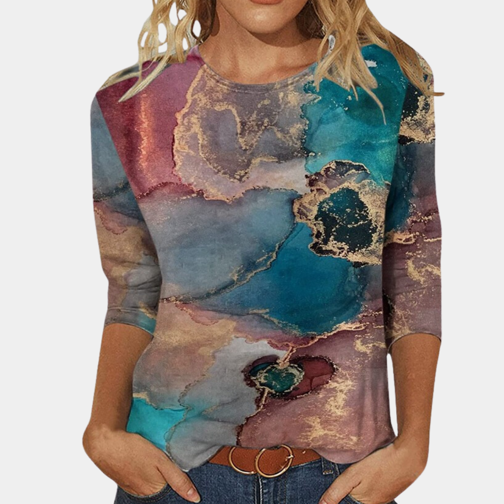 Blouse Femme À Manches Longues Col Rond Léger Confortable Motif Moderne Feuille Nordic Flair