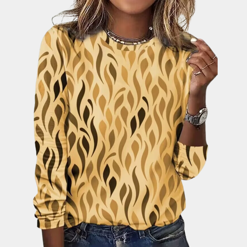 Blouse Femme À Manches Longues Col Rond Léger Confortable Motif Moderne Feuille Nordic Flair