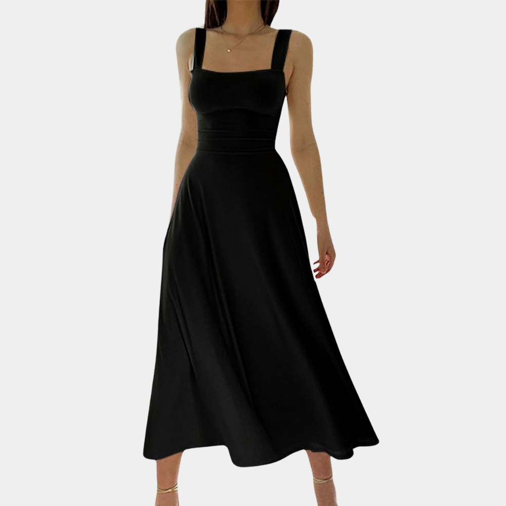 Robe Midi Femme Encolure Carrée Bretelles Larges Coupe A Ligne Coton Mélangé Pour Printemps Été