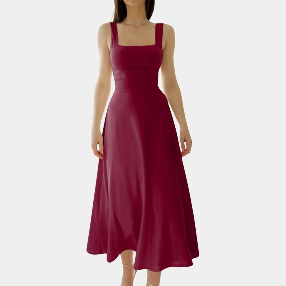 Robe Midi Femme Encolure Carrée Bretelles Larges Coupe A Ligne Coton Mélangé Pour Printemps Été
