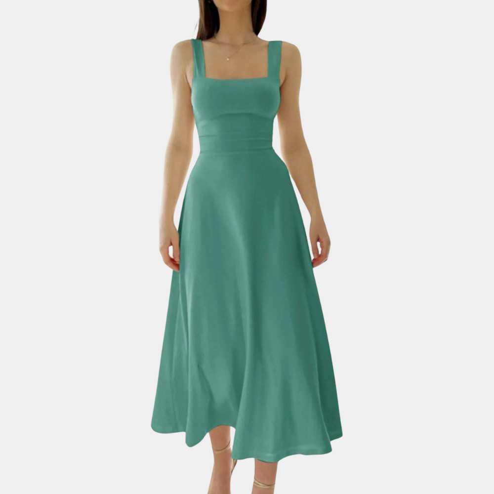 Robe Midi Femme Encolure Carrée Bretelles Larges Coupe A Ligne Coton Mélangé Pour Printemps Été