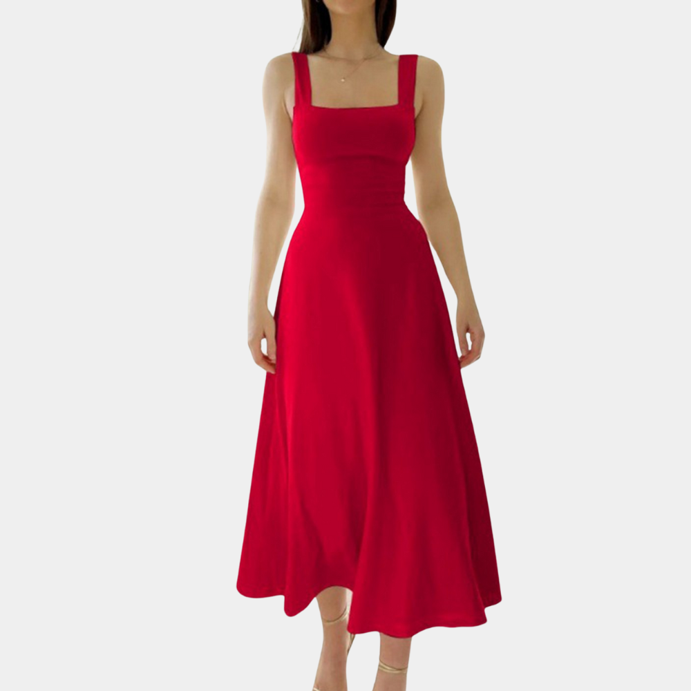 Robe Midi Femme Encolure Carrée Bretelles Larges Coupe A Ligne Coton Mélangé Pour Printemps Été