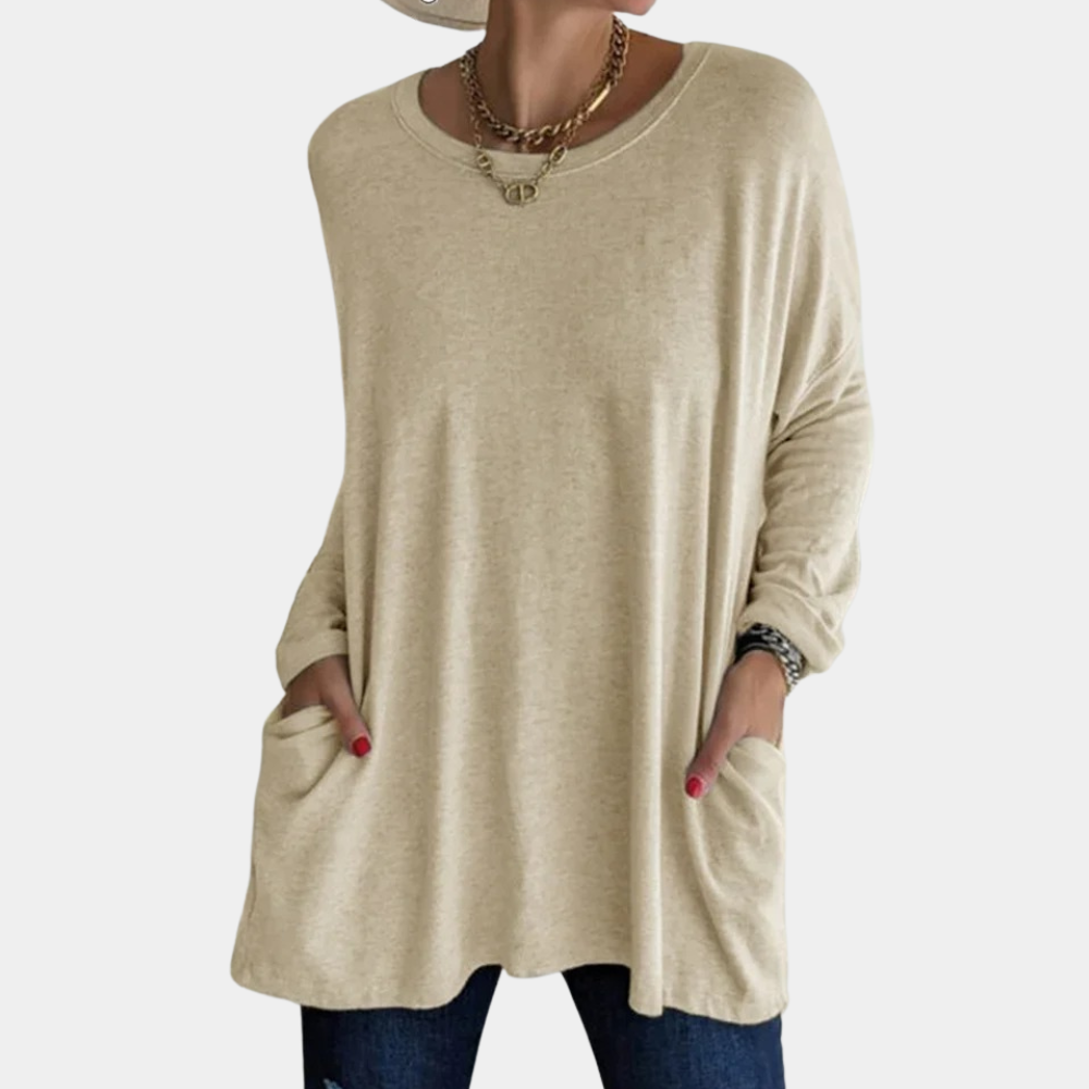 Pull Tunique Oversize Pour Femme En Maille Douce Avec Poches Manches Longues Col Rond