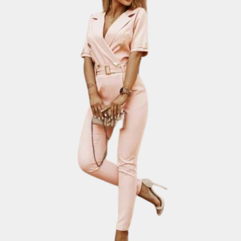 Combinaison Femme Ajustée Col en V Manches Courtes Ceinture à Boucle Élégante Pour Toutes Occasions