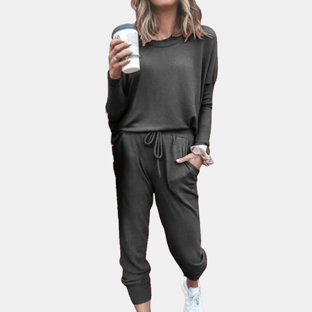 Ensemble Décontracté Pour Femme Haut À Manches Longues Col Rond Et Pantalon De Jogging Taille Élastique Poches