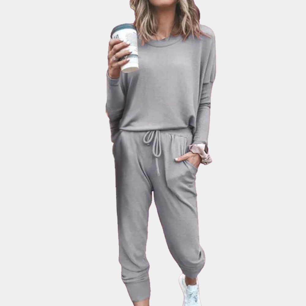 Ensemble Décontracté Pour Femme Haut À Manches Longues Col Rond Et Pantalon De Jogging Taille Élastique Poches