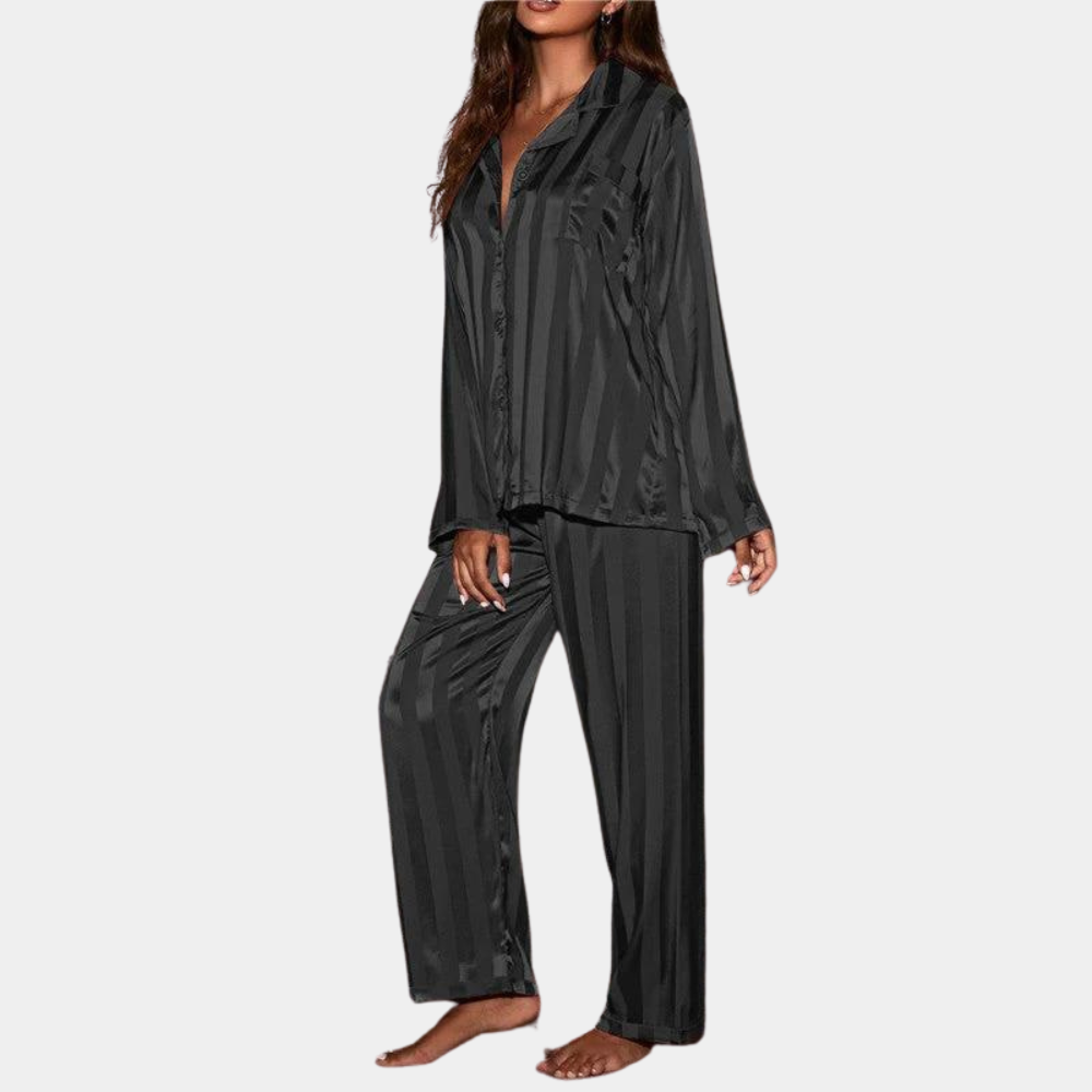 Ensemble Pyjama Femme Satin Étoffe Douce Manches Longues Boutons Taille Élastique Pantalon Confort Luxe Nordic Flair