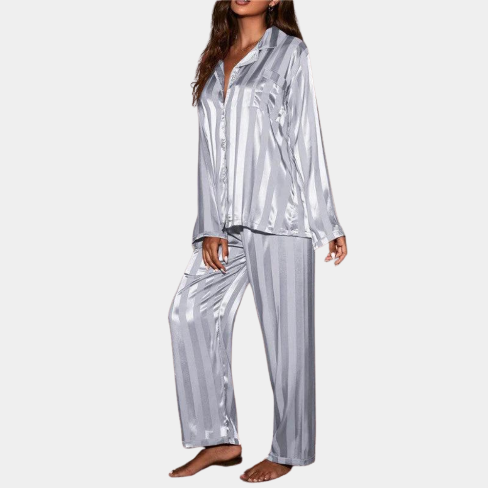 Ensemble Pyjama Femme Satin Étoffe Douce Manches Longues Boutons Taille Élastique Pantalon Confort Luxe Nordic Flair