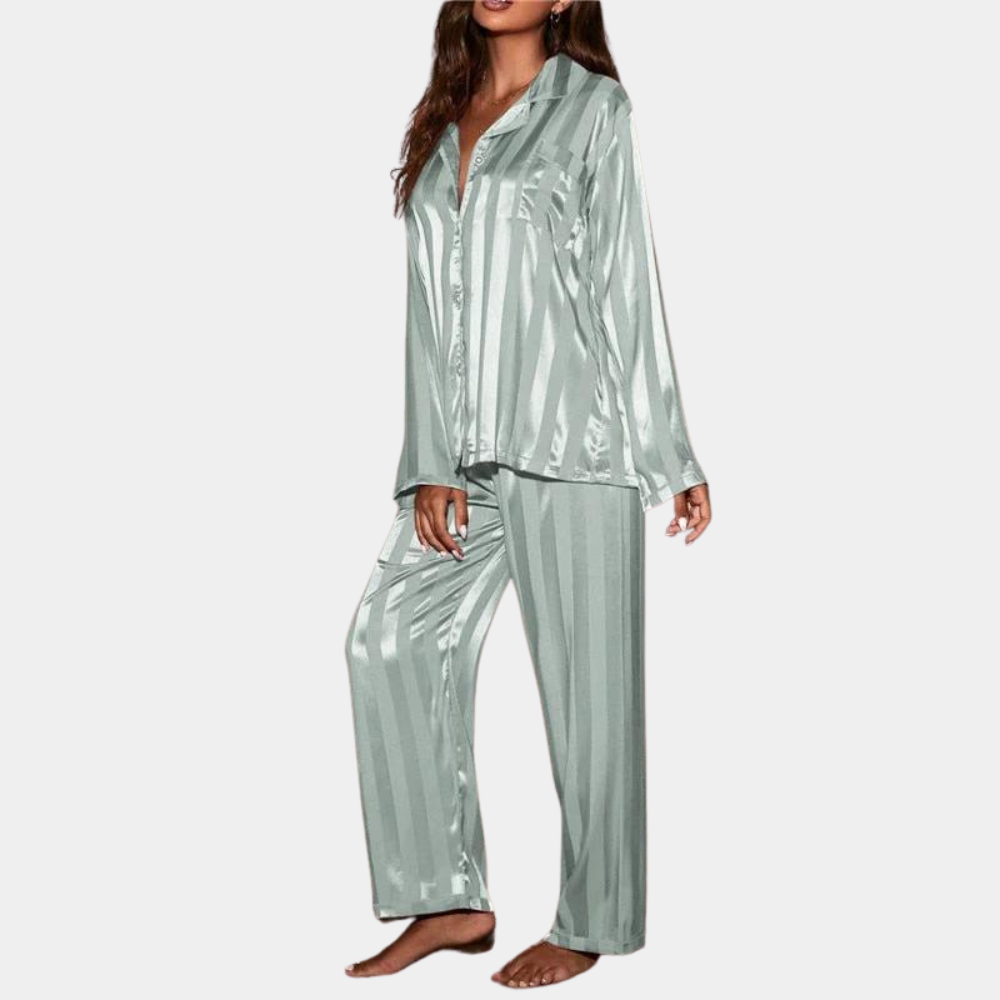 Ensemble Pyjama Femme Satin Étoffe Douce Manches Longues Boutons Taille Élastique Pantalon Confort Luxe Nordic Flair