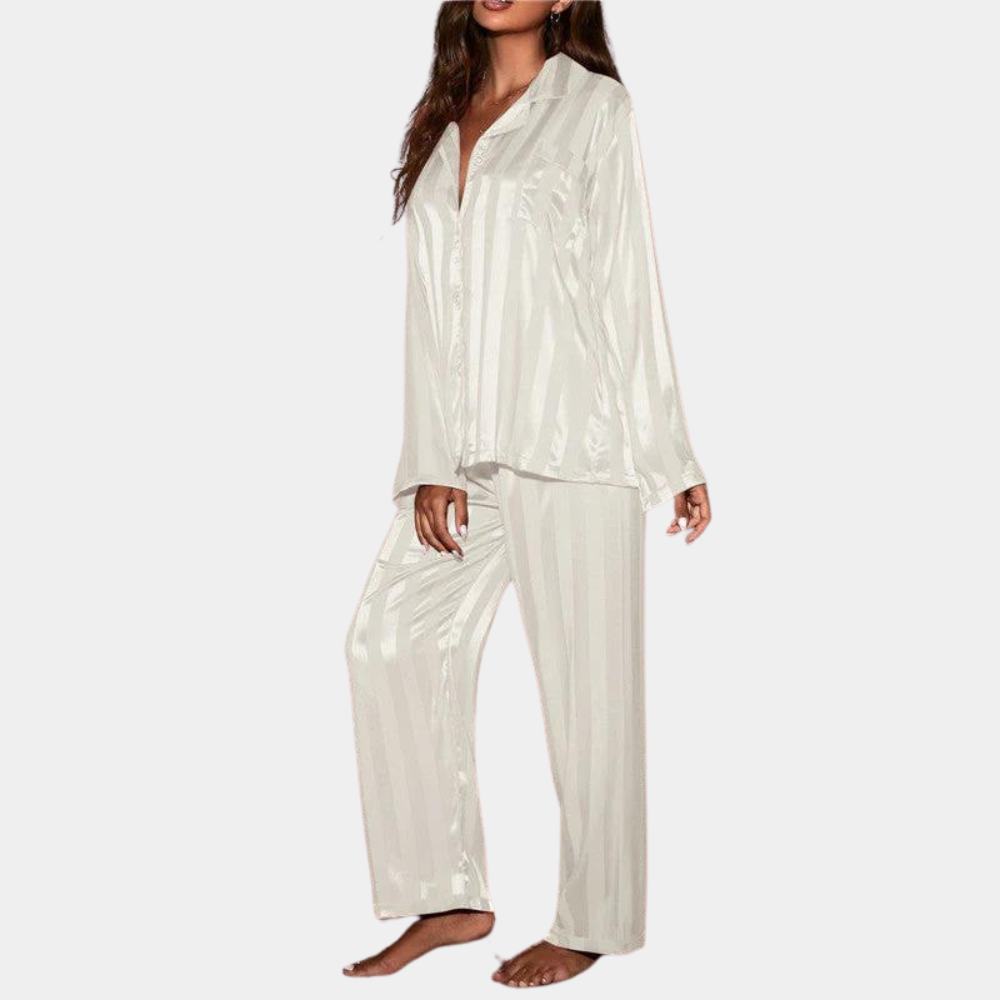 Ensemble Pyjama Femme Satin Étoffe Douce Manches Longues Boutons Taille Élastique Pantalon Confort Luxe Nordic Flair