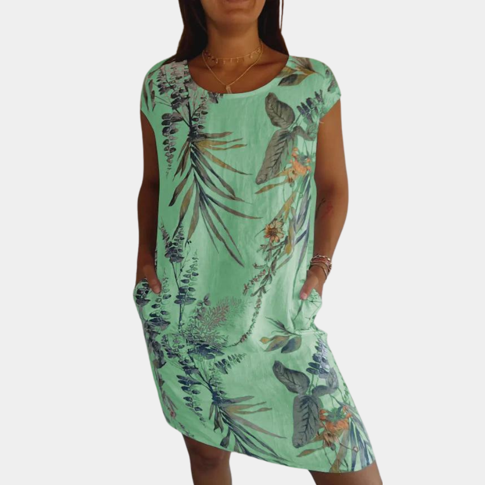 Robe Femme Décontractée Col Rond Manches Courtes Imprimé Fleurs et Feuilles Idéale Été Vacances Confort Quotidien